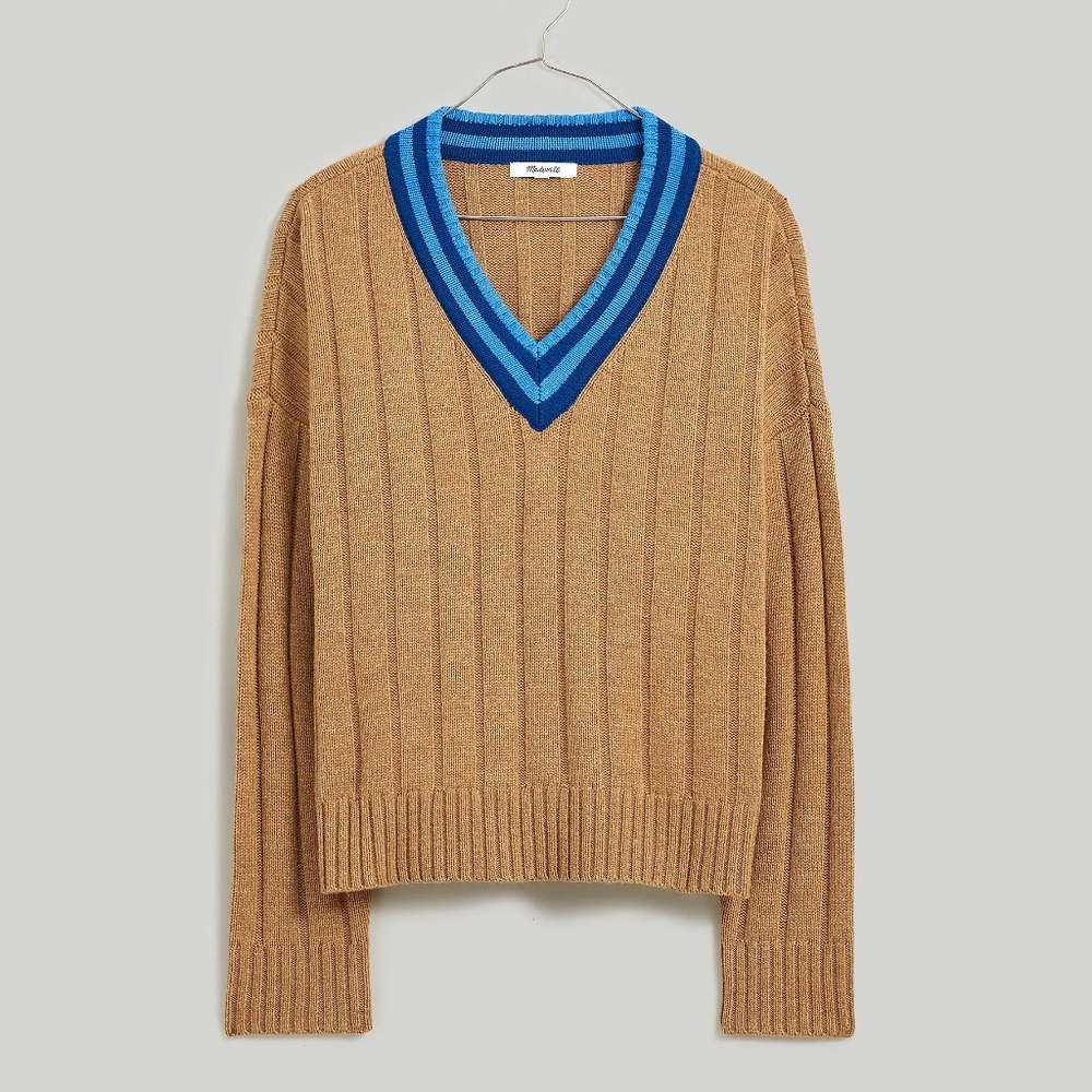 MADEWELL Tipped V-Neck Oversized Sweater in Heather Camel